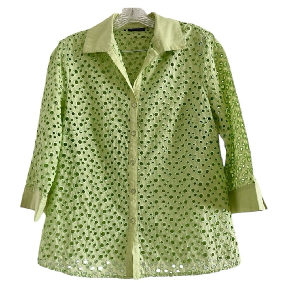 KAREN ARNOLD Women’s Lime Green‎ Collared Cotton/Polyester Button Up Blouse-MED